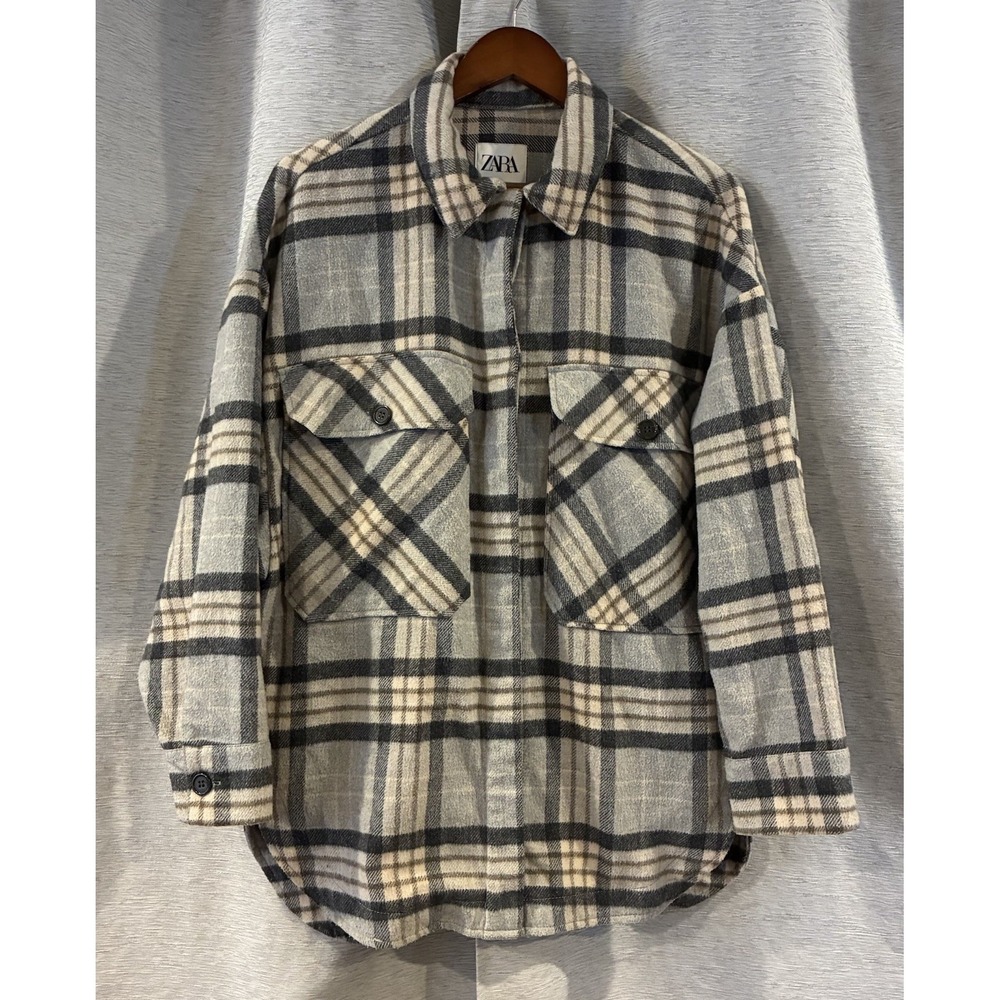 Zara Plaid Overshirt Jacket Grey Beige Oversized Flannel Shacket Soft Large